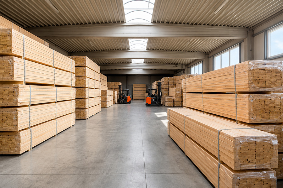 Lager mit verpackten Holzprofilen für Lieferung nach Deutschland und in die EU